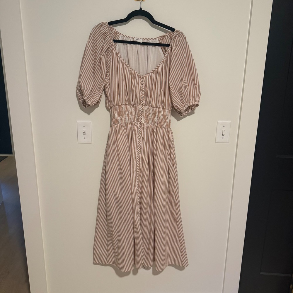 Aureum Tan White Striped Cotton Midi Dress Smocked Waist Puff Sleeve‎ Small